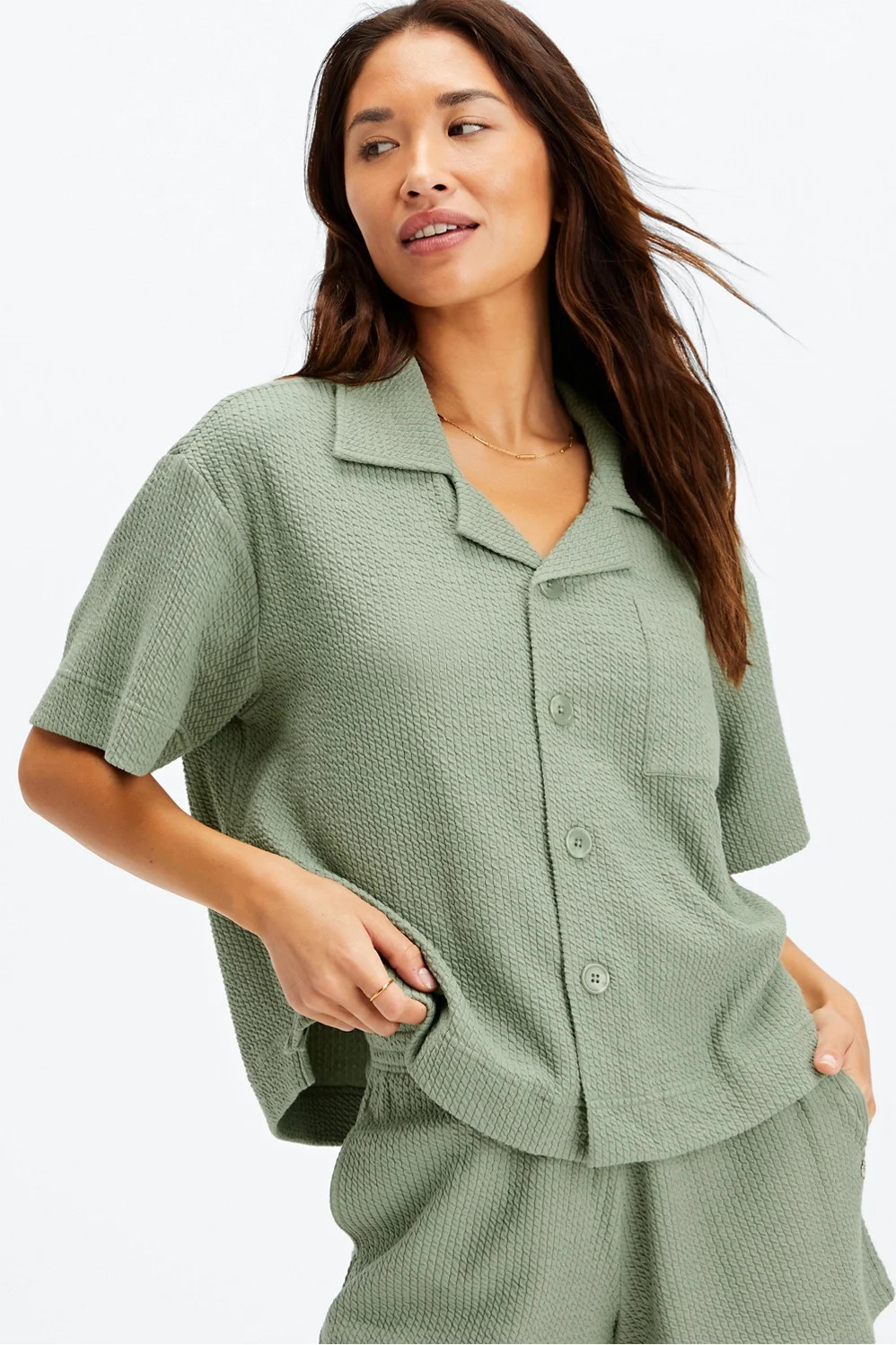 Crinkle Knit Boxy Button Down | Fabletics - North America