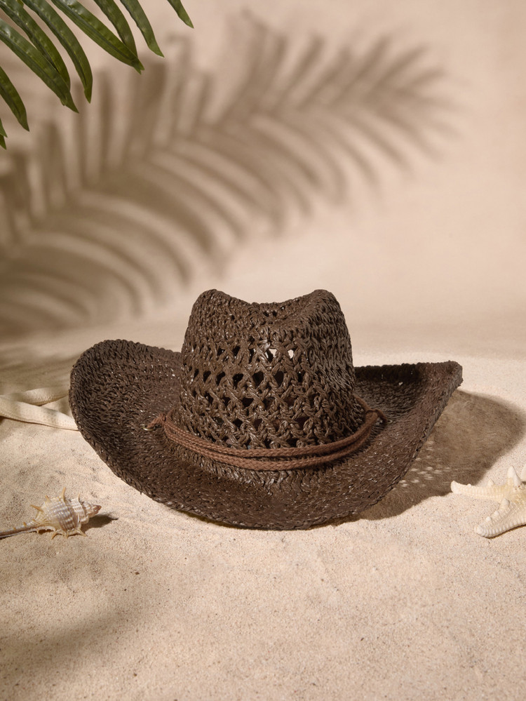 Tropiscape 1pc Vintage Hollow Brim Wide Brim Straw Hat, Unisex Outdoor Travel Beach Sun Hat, Hand... | SHEIN