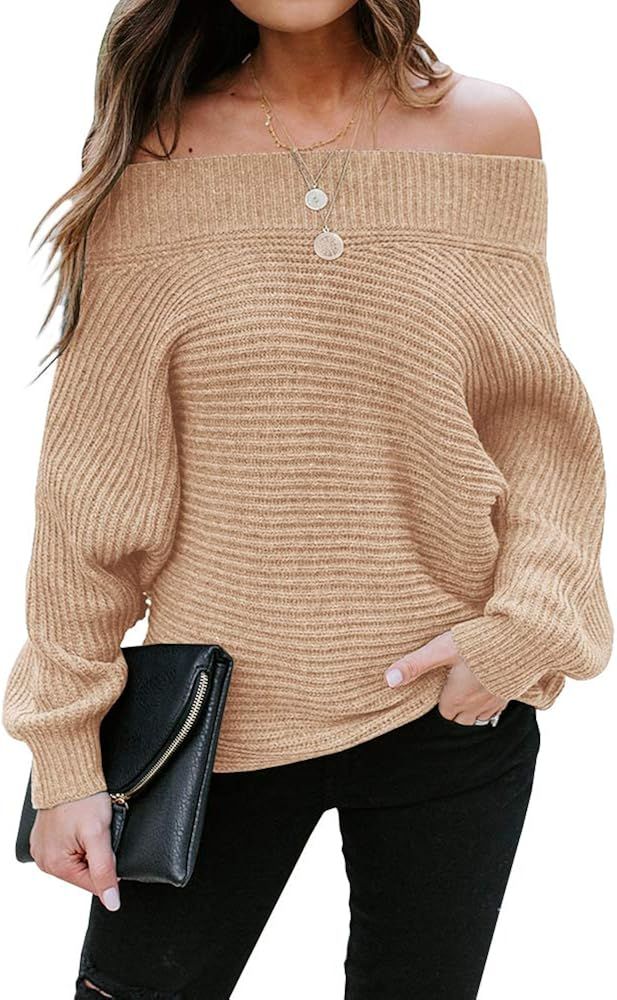 Foshow Womens Off Shoulder Batwing Sleeve Pullover Oversized Ribbed Knit Sweaters Casual Sexy Slo... | Amazon (US)