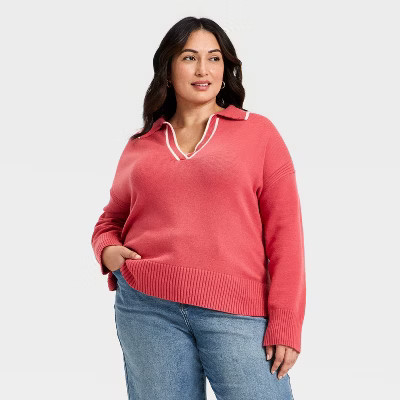 Women's Long Sleeve Knit Johnny Collar Sweater - Ava & Viv™ Coral Red | Target