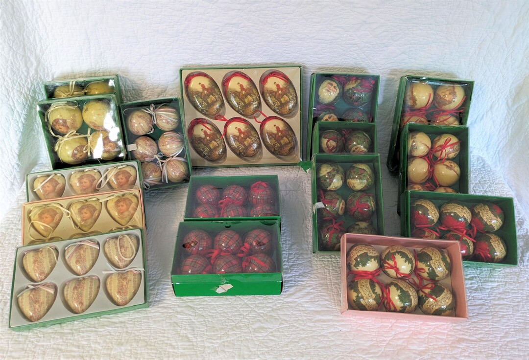 Vintage Paper Mache Christmas Tree Ornament Sets in Original Boxes, Ball Ornaments, Heart Ornamen... | Etsy (US)