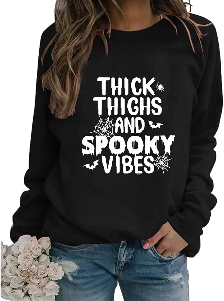 Thick Thighs and Spooky Vibes Halloween Sweatshirt Women Witch Crewneck Sweatshirt Long Sleeve Casua | Amazon (US)
