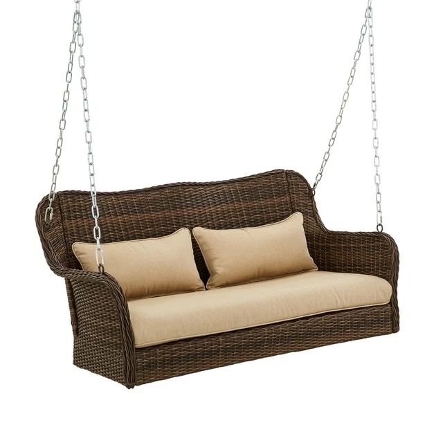 Better Homes & Gardens 2- Seat Camrose Farmhouse Wicker Hanging Porch Swing with Cushions, Brown | Walmart (US)