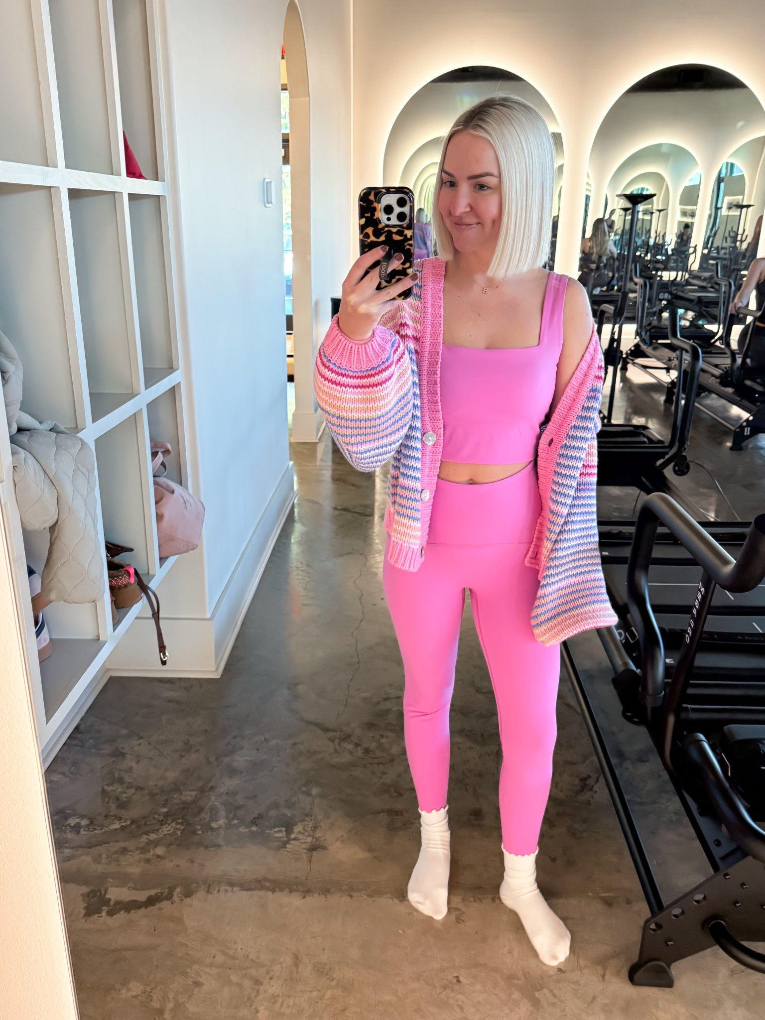 Pink workout set / pink Pilates set / pink sports bra (size small - TTS, I’m a 32C) / pink 7/8 leggings (size small - size up one) 

#LTKActive #LTKHoliday