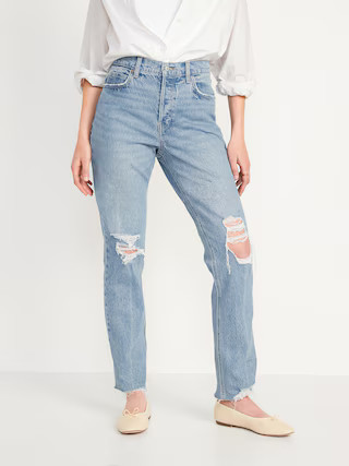 High-Waisted Button-Fly Slouchy Straight Ripped Cut-Off Jeans for Women | Old Navy (US)
