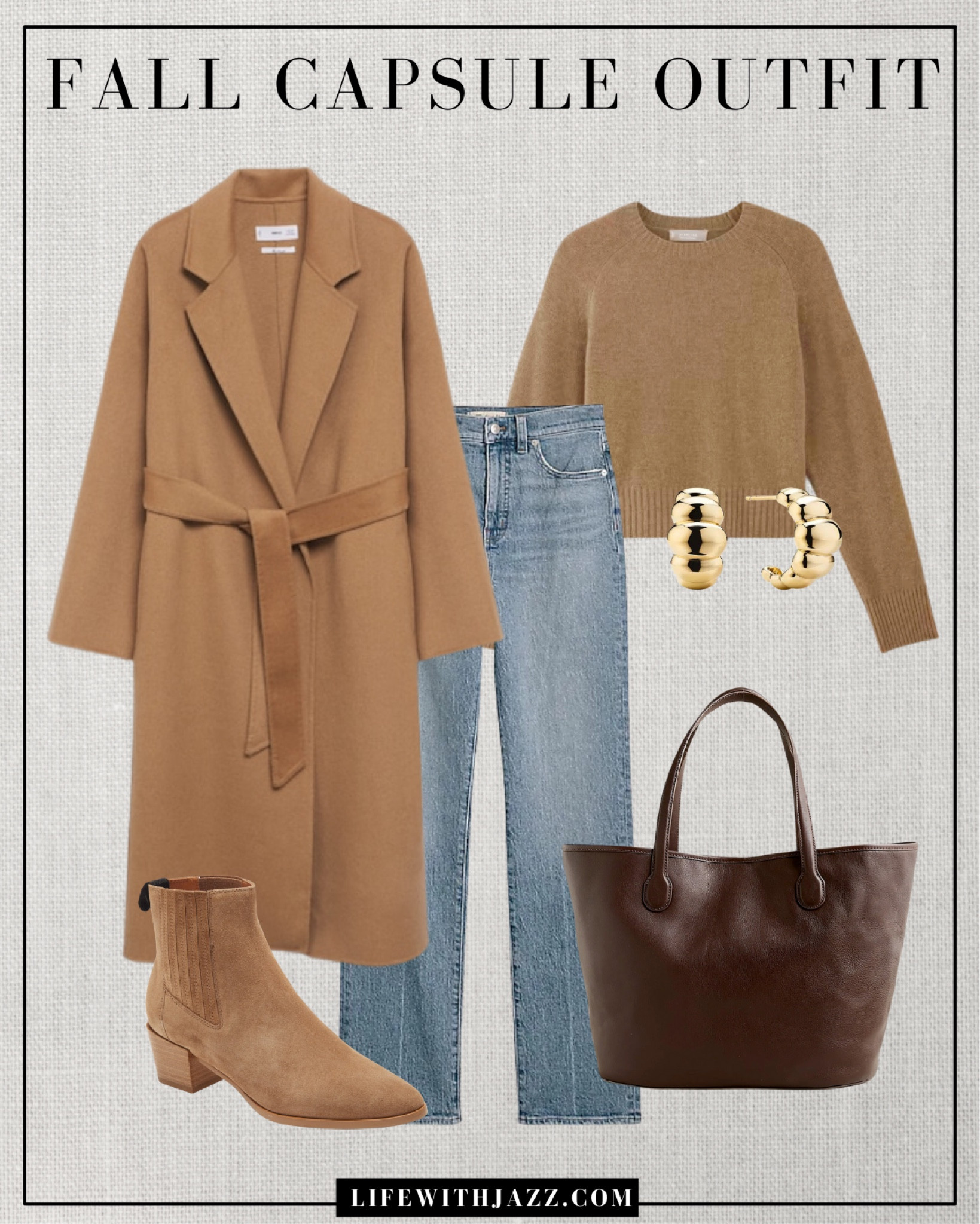 Fall capsule outfit 🤎 

Camel coat / camel cashmere sweater / blue ankle jeans / camel booties / blue straight jeans / brown tote / gold earrings / smart casual / aritzia/  Madewell / Nordstrom / fall style / fall fashion / fc24

#LTKStyleTip #LTKSeasonal