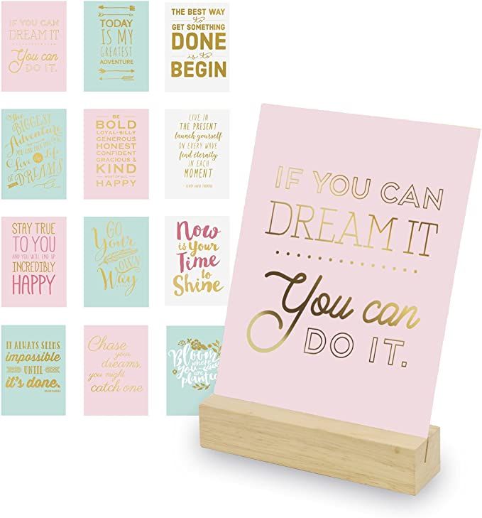 Inspiring Quotes & Art With Wooden Block Desk Stand, 12 Gold Stamped Inspirational Display Cards ... | Amazon (US)