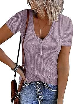PIIRESO Women's 2023 Short Sleeve Button V Neck Ribbed Shirts Top Summer Solid Color Casual Tee | Amazon (US)