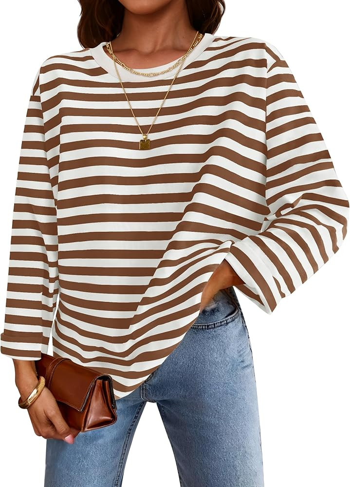 NENONA Women's Casual Crew Neck Striped T Shirts Long Sleeve Loose Trendy Fall Tunic Tops Pullove... | Amazon (US)