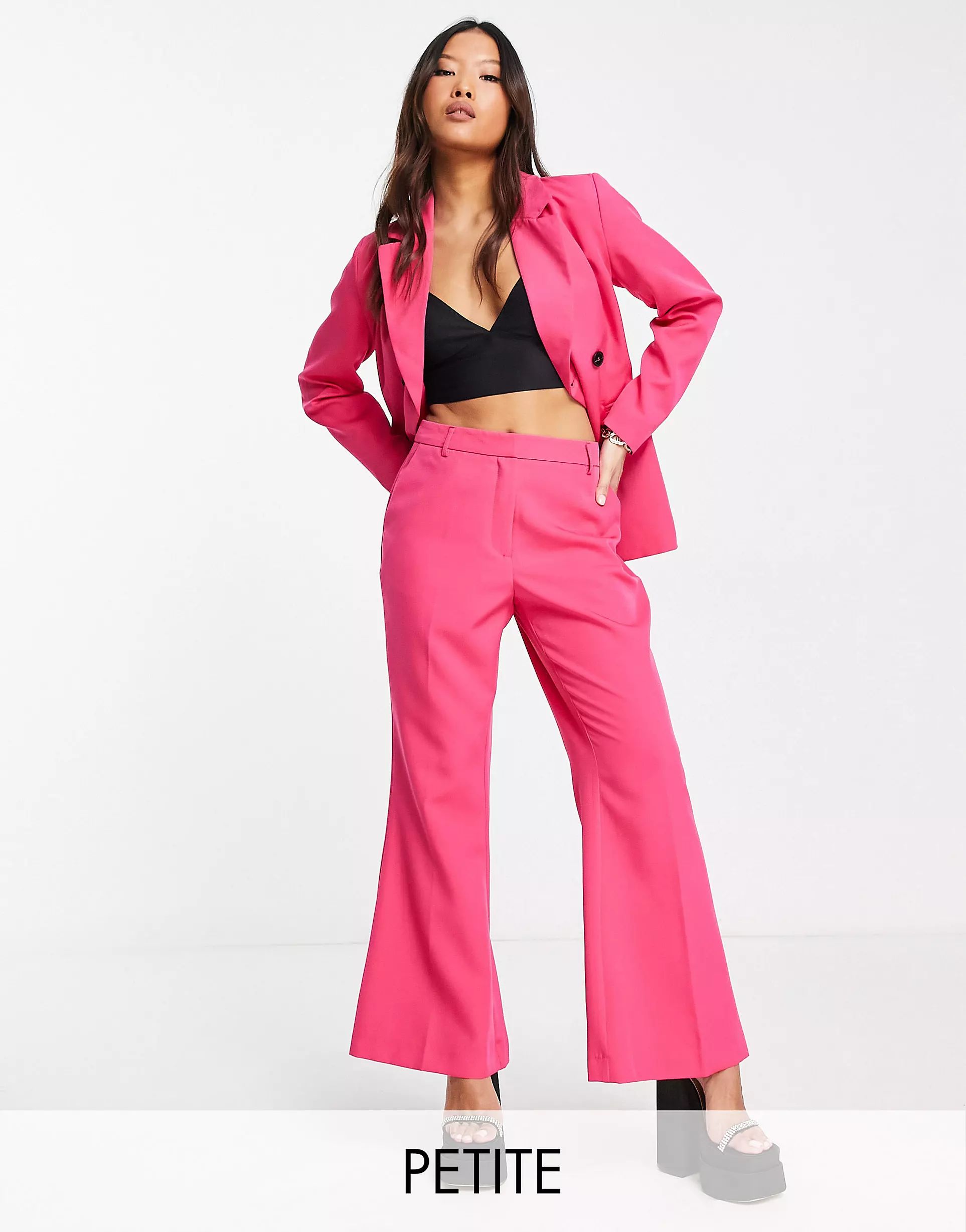 Vila Petite wide leg flared suit pants in bright pink | ASOS (Global)