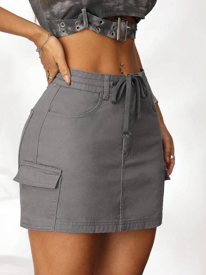 SHEIN EZwear Women's Casual Gray Denim Mini Skirt, Drawstring Workwear, Made Of 100% Cotton | SHE... | SHEIN