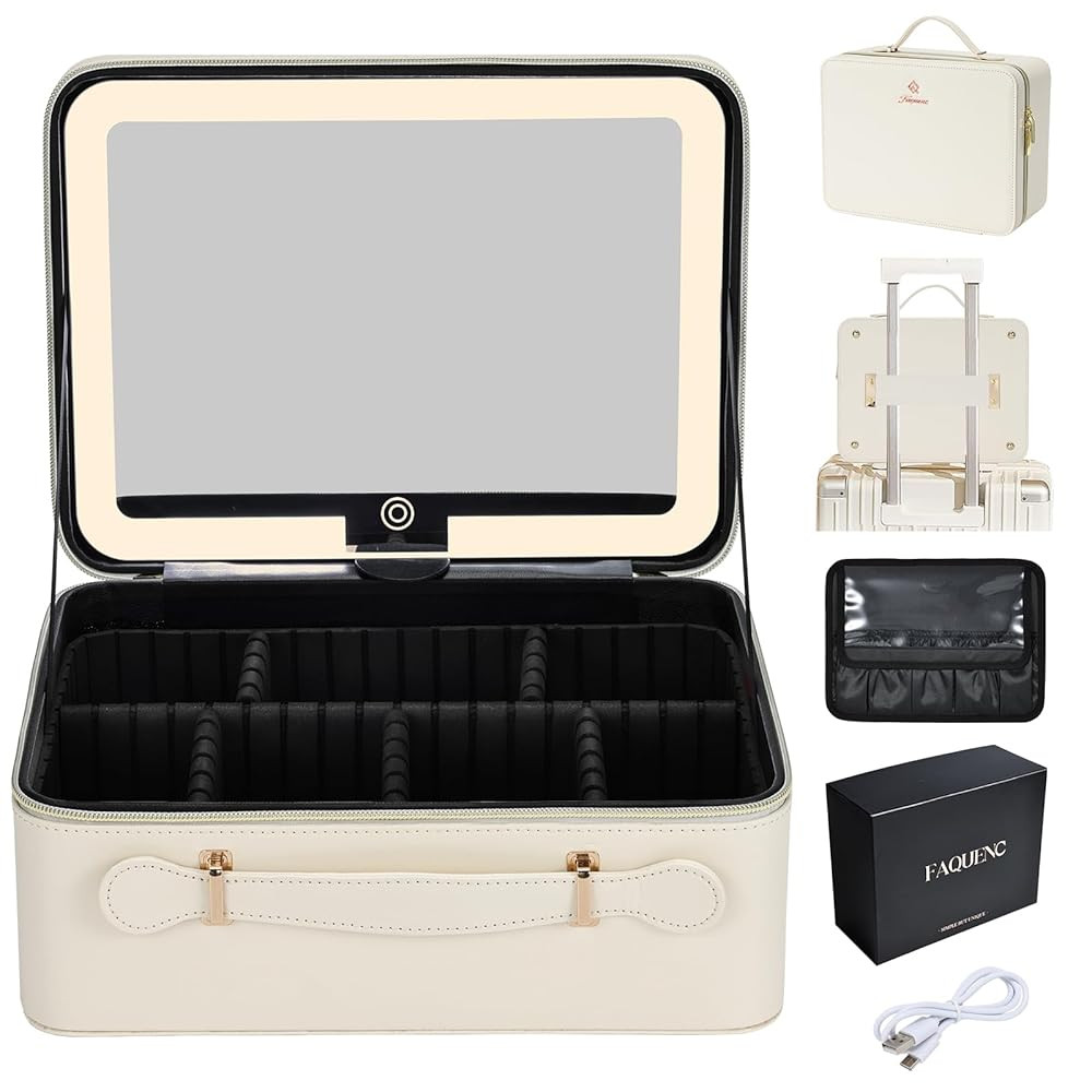 Leather Makeup Case with LED Lighted Mirror 11.4 Inch Travel Makeup Bag Adjustable Brightness in ... | Amazon (US)