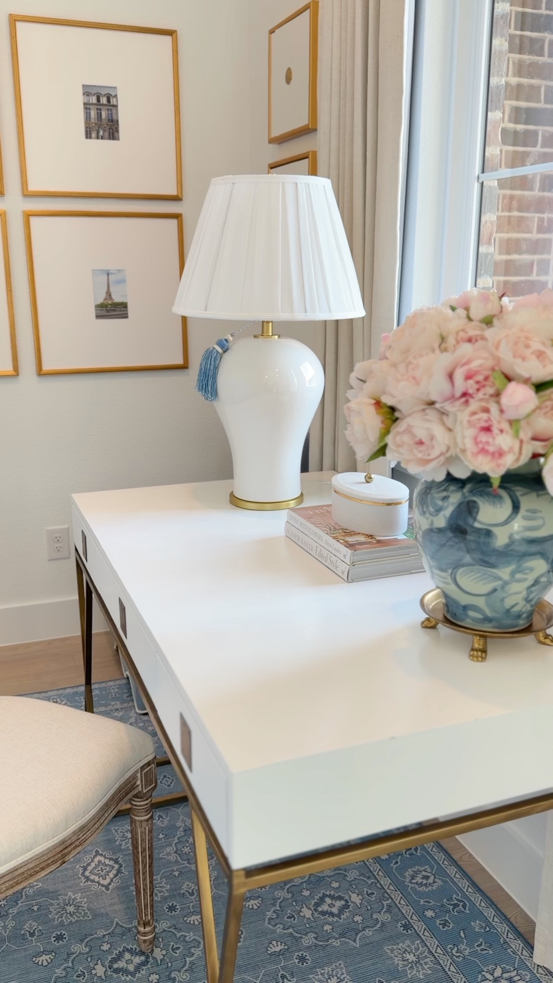 Spring decor sitting area home office blue and white faux peonies Amazon tassel 