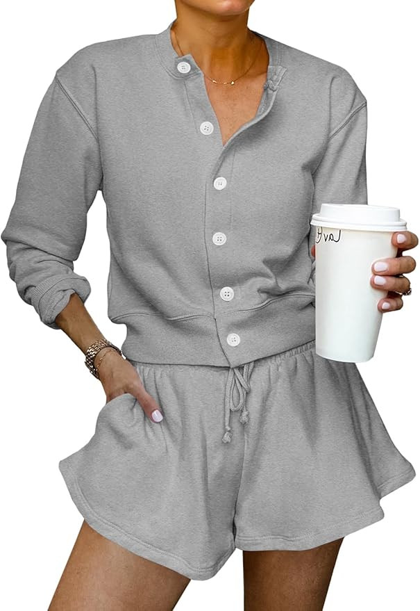 Tankaneo Womens 2 Piece Outfits Sweatsuit Button Down Tops and Shorts Casual Matching Lounge Set ... | Amazon (US)