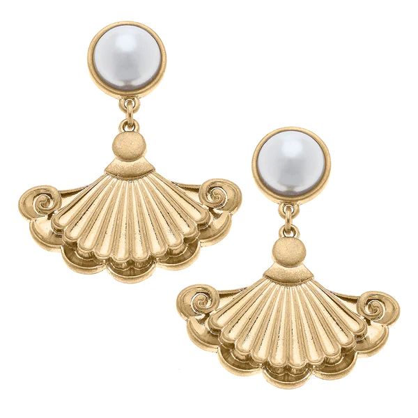 Suz French Fan & Pearl Drop Earrings in Worn Gold | CANVAS
