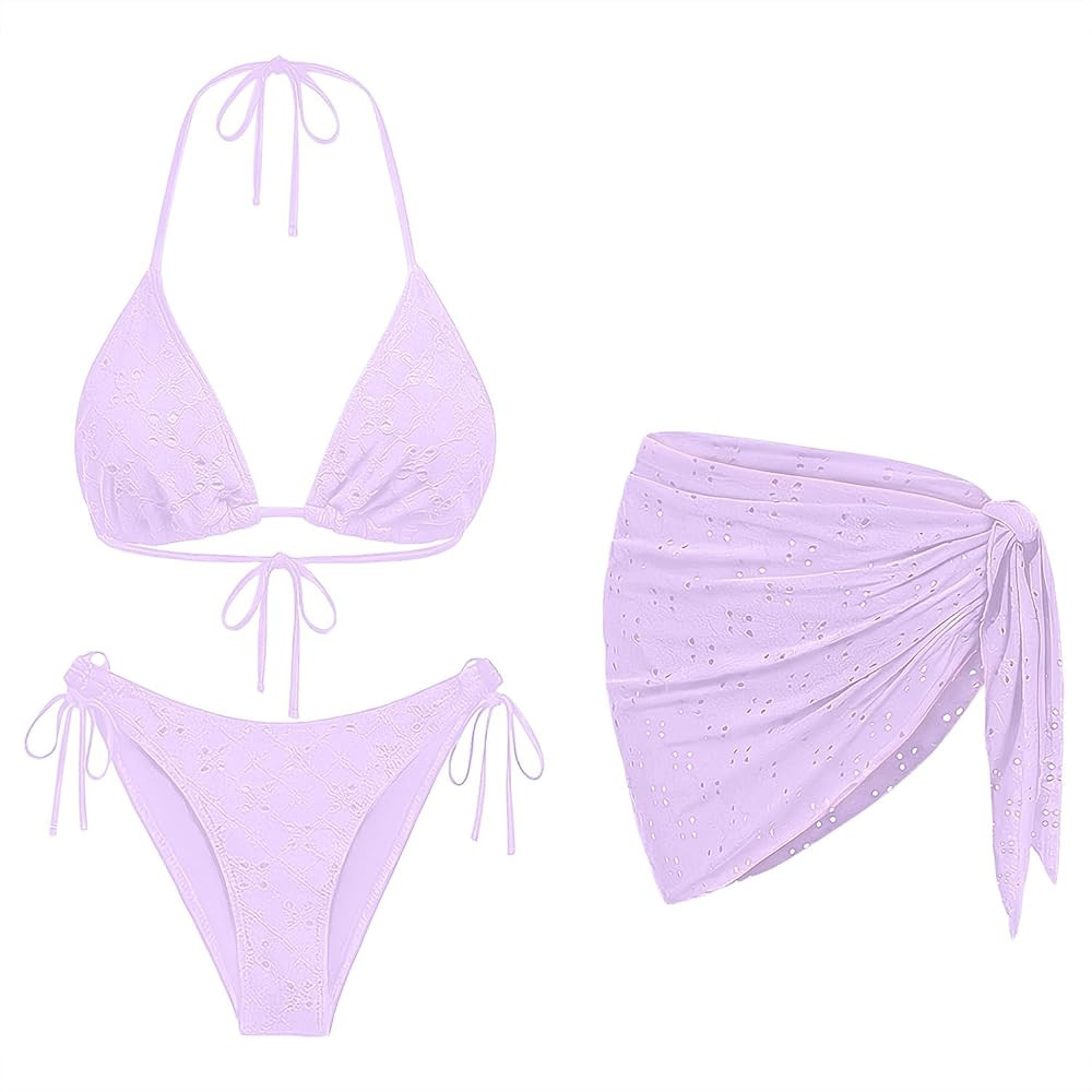 Women's 3 Piece Swimsuit Triangle Halter Bikini Set Side Tie with Cover Up | Amazon (US)