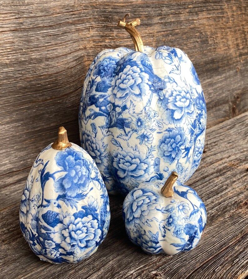 Set of three Chinoiserie pumpkins, decoupaged pumpkins, blue and white decor | Etsy (US)