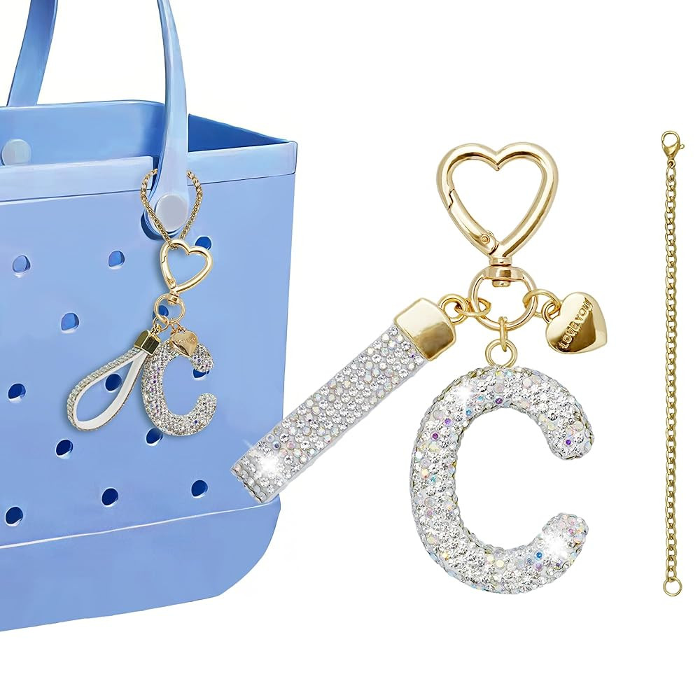 Initial Keychain for Women Cute - White Letters Charms for Bogg Bag Handbags, Bling Car Key Acces... | Amazon (US)