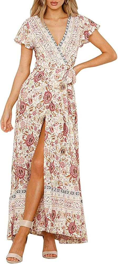 ZESICA Women's Bohemian Floral Printed Wrap V Neck Short Sleeve Split Beach Party Maxi Dress | Amazon (US)