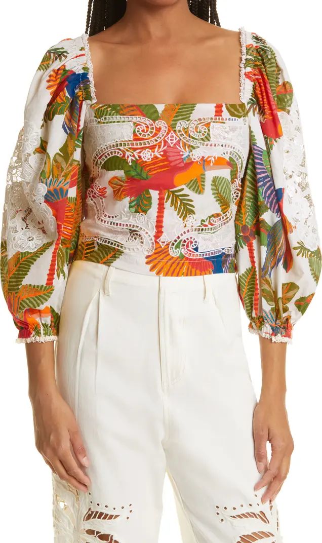 FARM Rio Forest Birds Smocked Embroidered Blouse | Nordstrom | Nordstrom