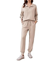 PINSPARK 2 Piece Sets for Women 2025 Fall Travel Outfits Long Sleeve Tracksuit Joggers Sets Half ... | Amazon (US)