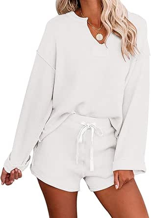 MEROKEETY Women's Long Sleeve Pajama Set Henley Knit Tops and Shorts Sleepwear Loungewear | Amazon (US)