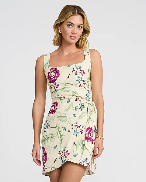Floral Linen-Blend Wrap Tie Smocked Back Mini Sheath Dress | Express