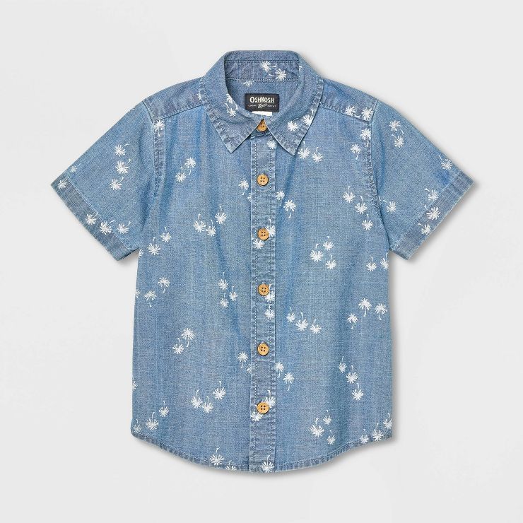 OshKosh B'gosh Toddler Boys' Short Sleeve Palm Printed Woven Chambray Shirt - Blue | Target