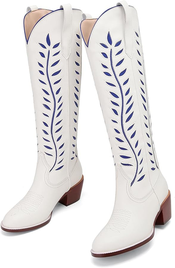 Yishaweiqi Embroidered Cowboy Boots for Women Almond Round Toe Chunky Heel Cowgirl Boots Pull On ... | Amazon (US)