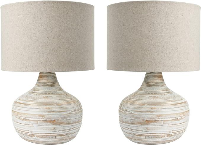 Creative Co-Op Boho Bamboo Linen Shade, Set of 2, White Wash Finish Table Lamp | Amazon (US)