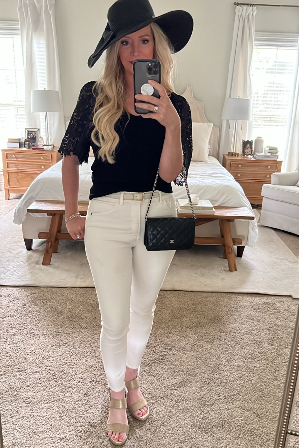 Kentucky derby hat, spring outfit, white pants, Chanel wallet on chain, black lace top, gold wedges. 

#LTKstyletip #LTKSeasonal #LTKunder100
