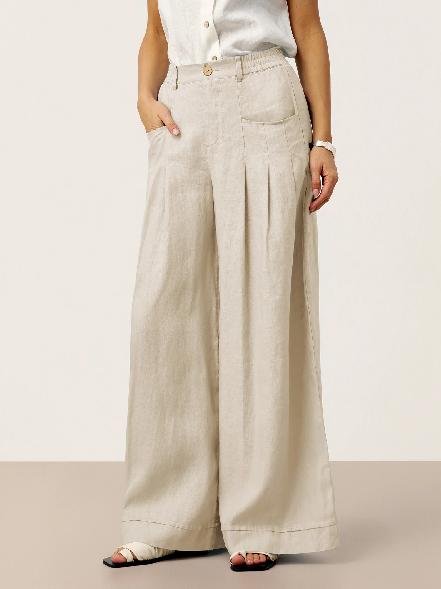 100% Linen Sculpted Pleat Elasticated Back Relaxed Pants VERIDIANA | LINTICO