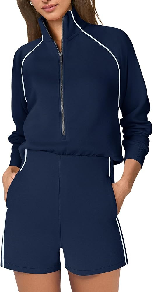 SENSERISE Womens Long Sleeve Romper One Piece Jumpsuits Mock Neck Wide Leg Shorts Fall Outfits wi... | Amazon (US)