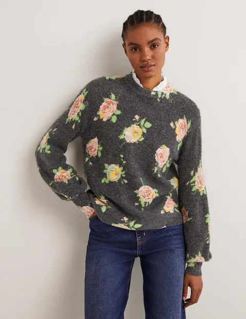 Blouson Sleeve Fluffy Sweater - Black, Painterly Rose | Boden (US)