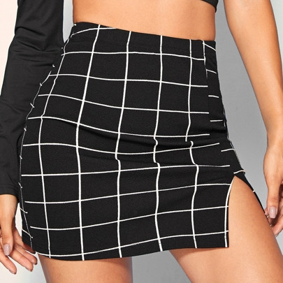 Grid Front Slit Bodycon Mini Skirt | SHEIN
