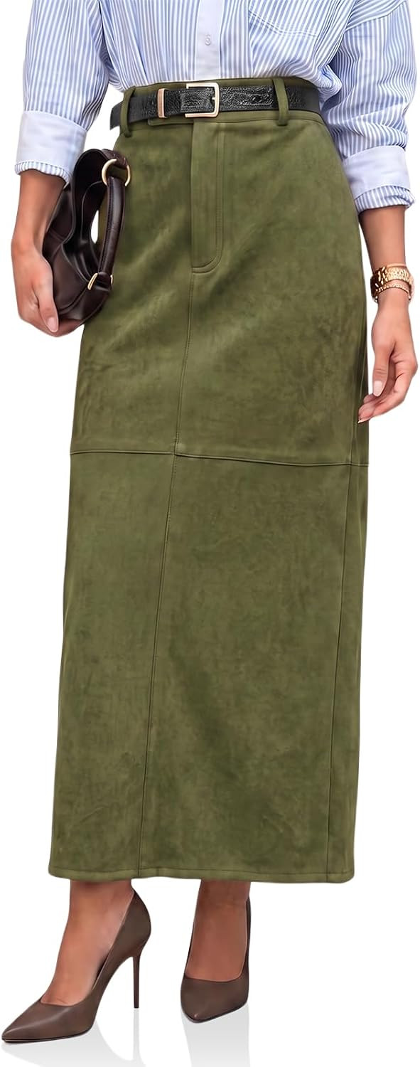 Cicy Bell Womens Suede Maxi Skirt High Waisted Slit Patchwork Pencil Skirts | Amazon (US)
