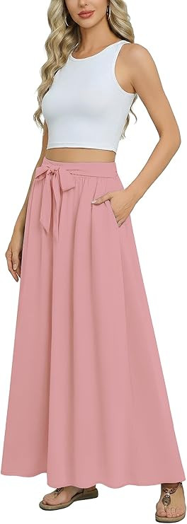 Womens Maxi Skirt Summer Trendy Tie Knot Elastic High Waisted Boho Casual Beach Flowy Swing Long ... | Amazon (US)