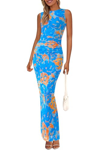 PRETTYGARDEN Womens Summer Wedding Guest Dress 2026 Spring Mesh Sleeveless Bodycon Ruched Floral Holiday Maxi Long Dresses(Floral Blue,Large) | Amazon (US)