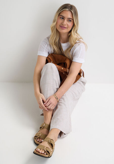 Womens Taupe Oversize Buckle Footbed Sandals | Peacocks