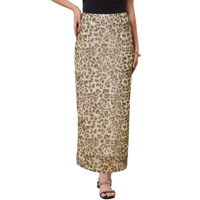 INSPIRE CHIC Women's Leopard Mesh Elastic High Waisted Casual Bodycon Maxi Skirts Medium Brown Leopard | Target