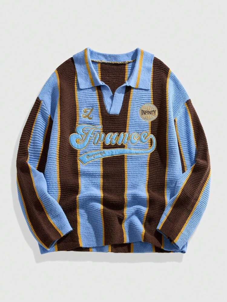 ROMWE MEN Street Life Men's Retro Prep Collared Football Inspired Knit Sweater, Streetwear Style | SHEIN