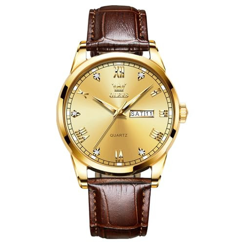 QBAIZI Gold Watches for Men,Luxury Golden Face Mens Leather Watch Day Date,Casual Round Men's Watch Brown Band,Classic Slim Diamond Analog Quartz Watches Men Waterproof Roman Numerals | Amazon (US)