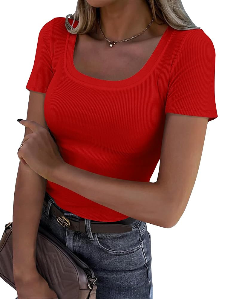 Roselux Women's Summer Scoop Neck Short Sleeve T-Shirts Ribbed Knit Slim Fitted Casual Basic Top | Amazon (US)