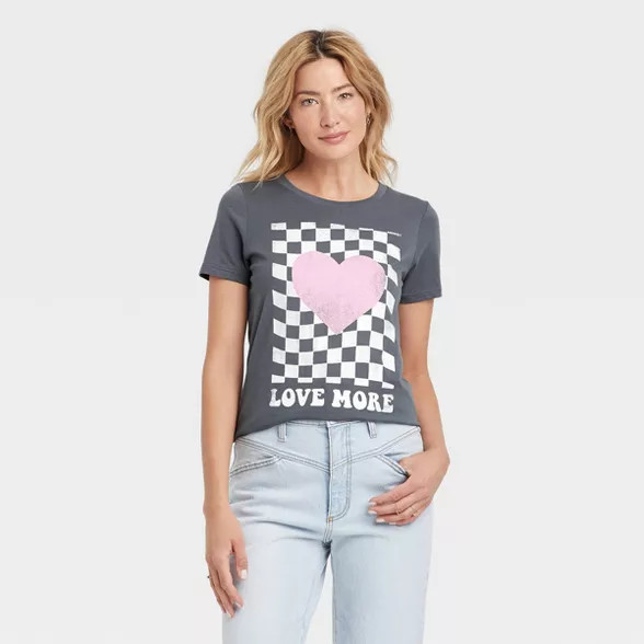 Women's Valentine's Day Love More Short Sleeve Graphic T-Shirt - Gray Checkered | Target