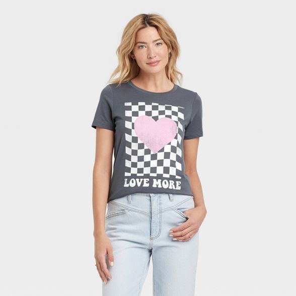 Women's Valentine's Day Love More Short Sleeve Graphic T-Shirt - Gray Checkered | Target