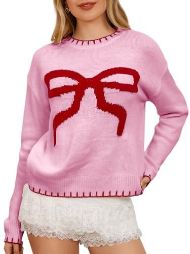 MakeMeChic Women's Bow Knot Sweater Contrast Binding Long Sleeve Round Neck Pullover Knit Tops Pink Large | Amazon (US)