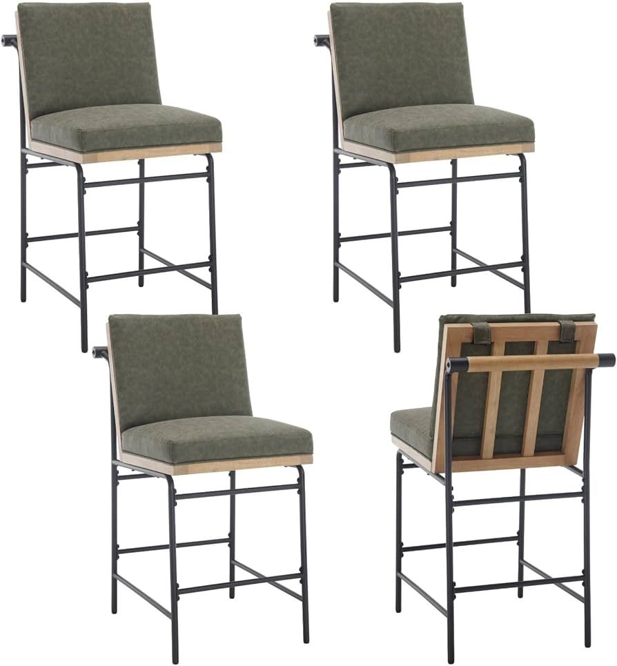 Green Leather Counter Stools Set of 4 Mid Century Modern Bar Stools with Backs and Metal Legs, 26... | Amazon (US)