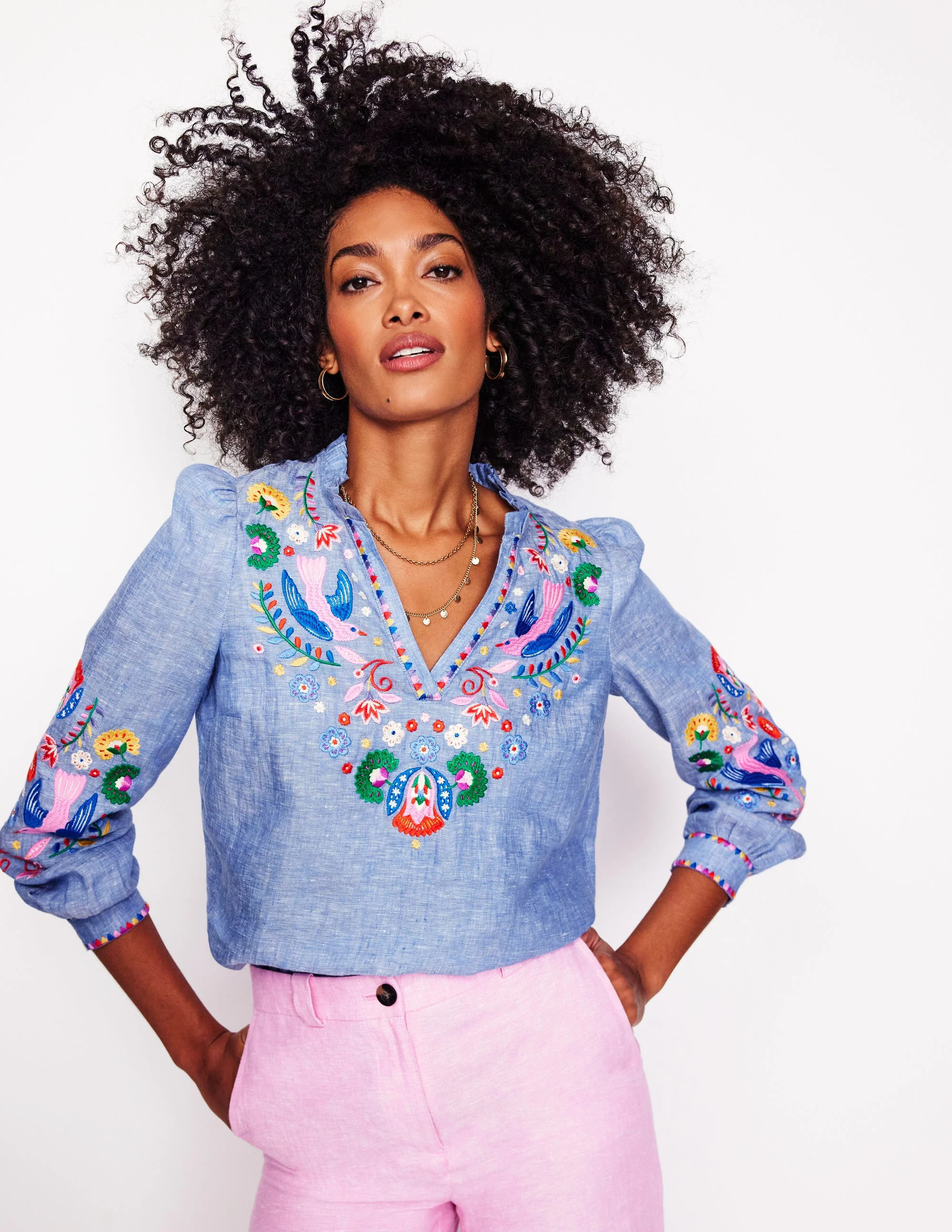 Grace Linen Top-Chambray, Embroidered Birds | Boden (US)