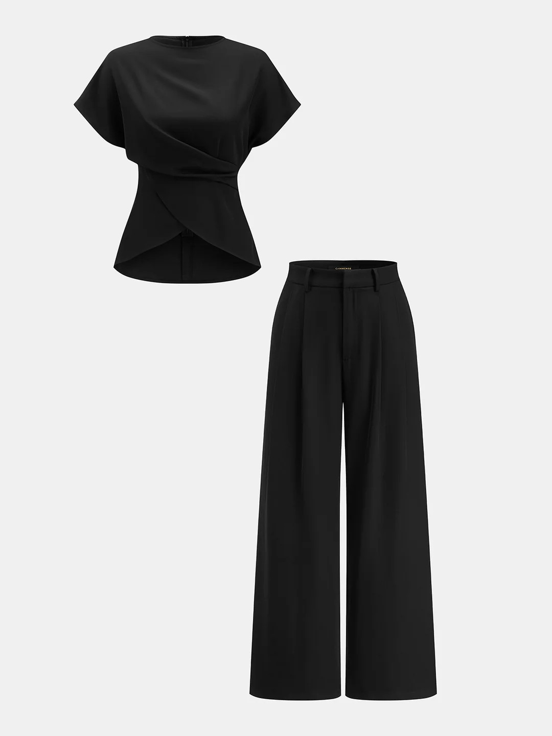 Tie-Back Satin Top & Pleated Pants Set | Commense
