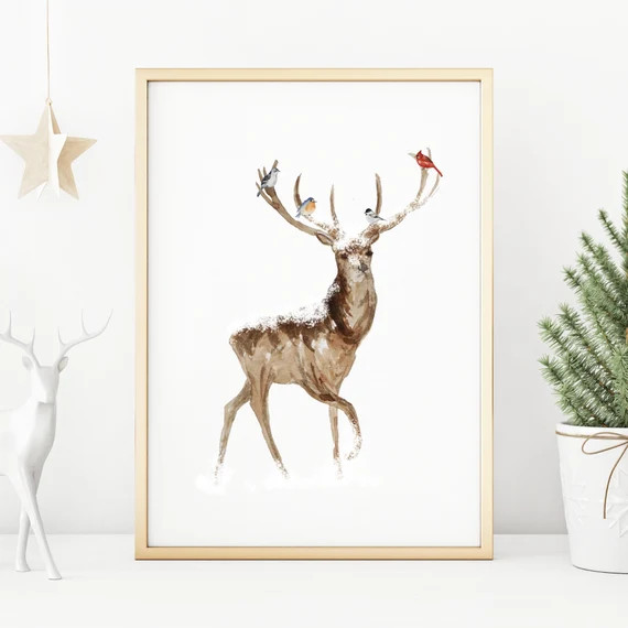 Winter Deer Print, Holiday Wall Art, Christmas Printable, Holiday Decor, Farmhouse Christmas, Chr... | Etsy (US)